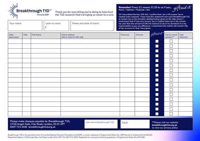 Breakthrough T1D sponsorship form preview