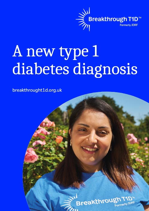 Front cover of "A new type 1 diabetes diagnosis " resource by Breakthrough T1D featuring a smiling woman in the park