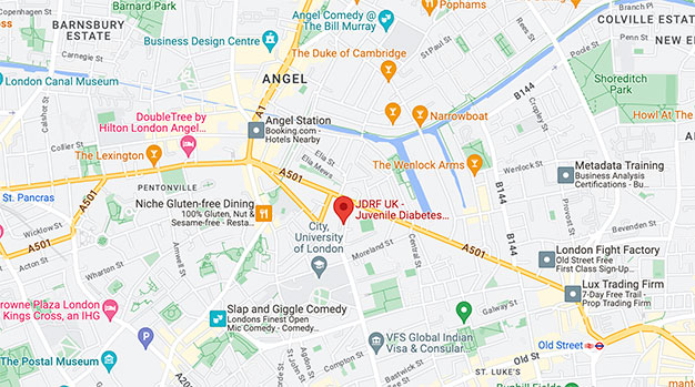 A map showing Breakthrough T1D UK's office in London