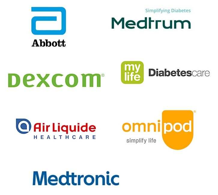 Logos for Abbott, Medtrum, Dexcom, My Life Diabetes Care, Air Liquide Healthcare, Omnipod and Medtronic