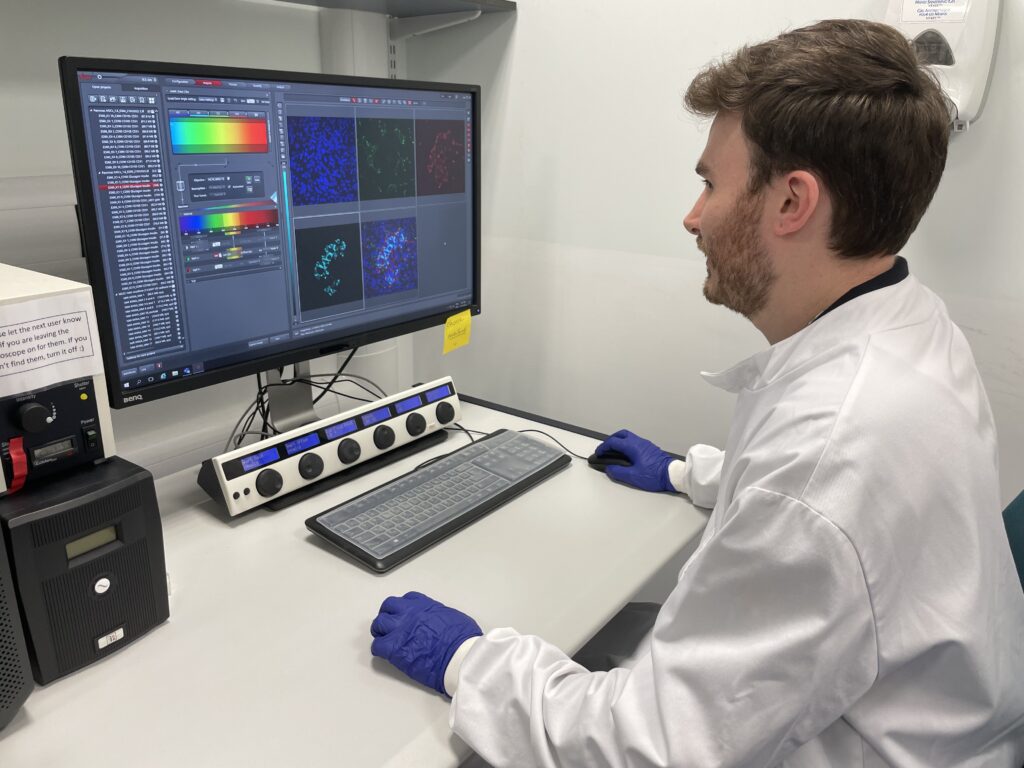 A researcher looks at a computer screen.