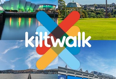 Kilt Walk 2025 logo over landscape pictures of Glasgow, Aberdeen, Dundee and Edinburgh.