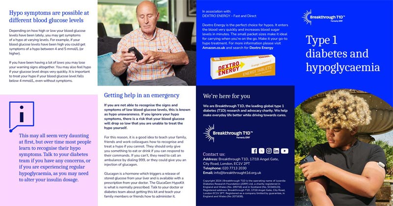 Type 1 diabetes and hypo (hypoglycaemia) leaflet from Breakthrough T1D