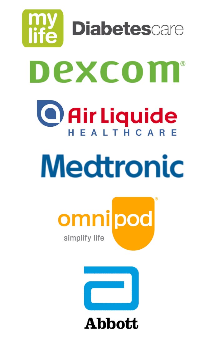 Logos for mylife Diabetescare, Dexcom, Air Liquide, Healthcare, Medtronic, omnipod, Abbott