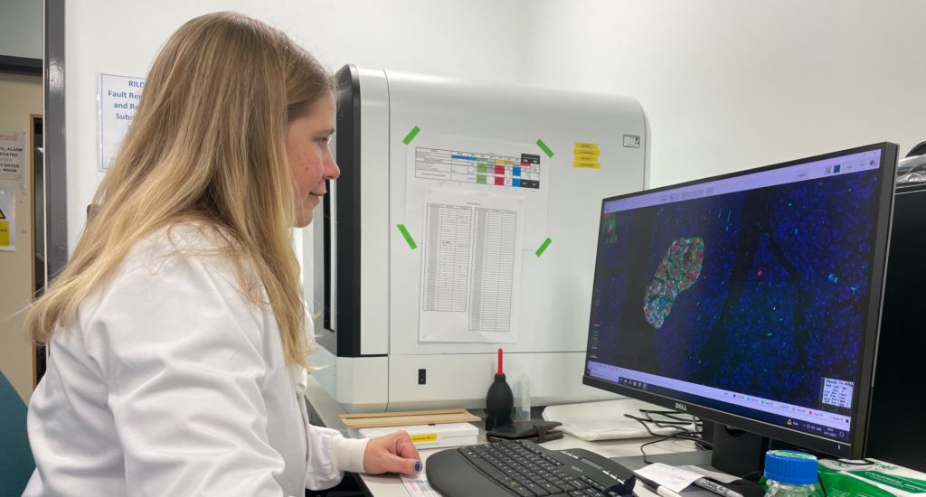 Scientist researcher woman in white coat using a computer in laboratory