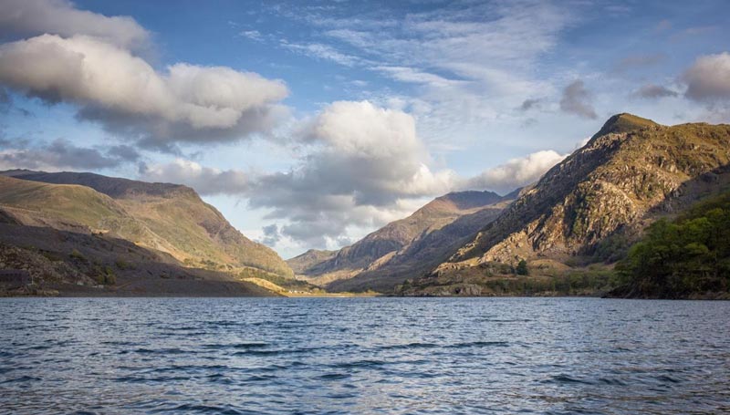 Snowden landscape with hills and lake