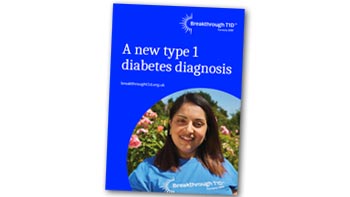 Front cover of "A new type 1 diabetes diagnosis " resource by Breakthrough T1D featuring a smiling woman in the park