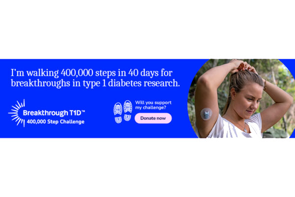Step Challenge 2025 email signature reading "I'm walking 400,000 steps in 40 days for breakthroughs in type 1 diabetes"