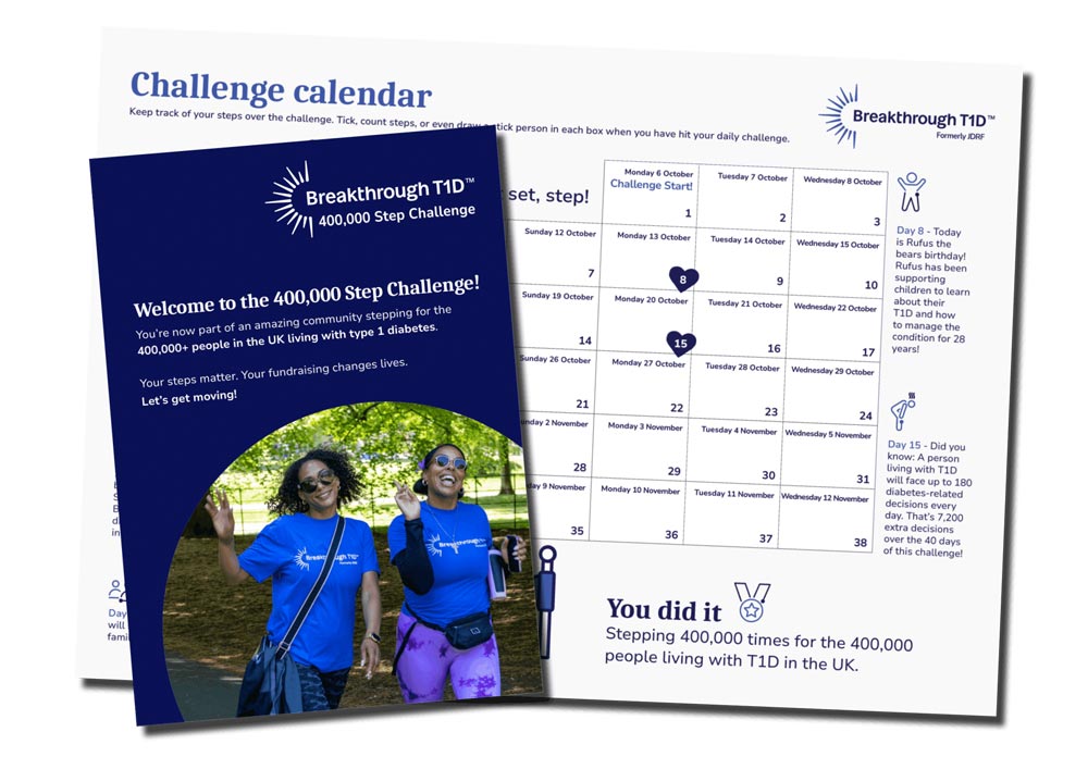 400,000 Step Challenge calendar sheet with front cover superimposed