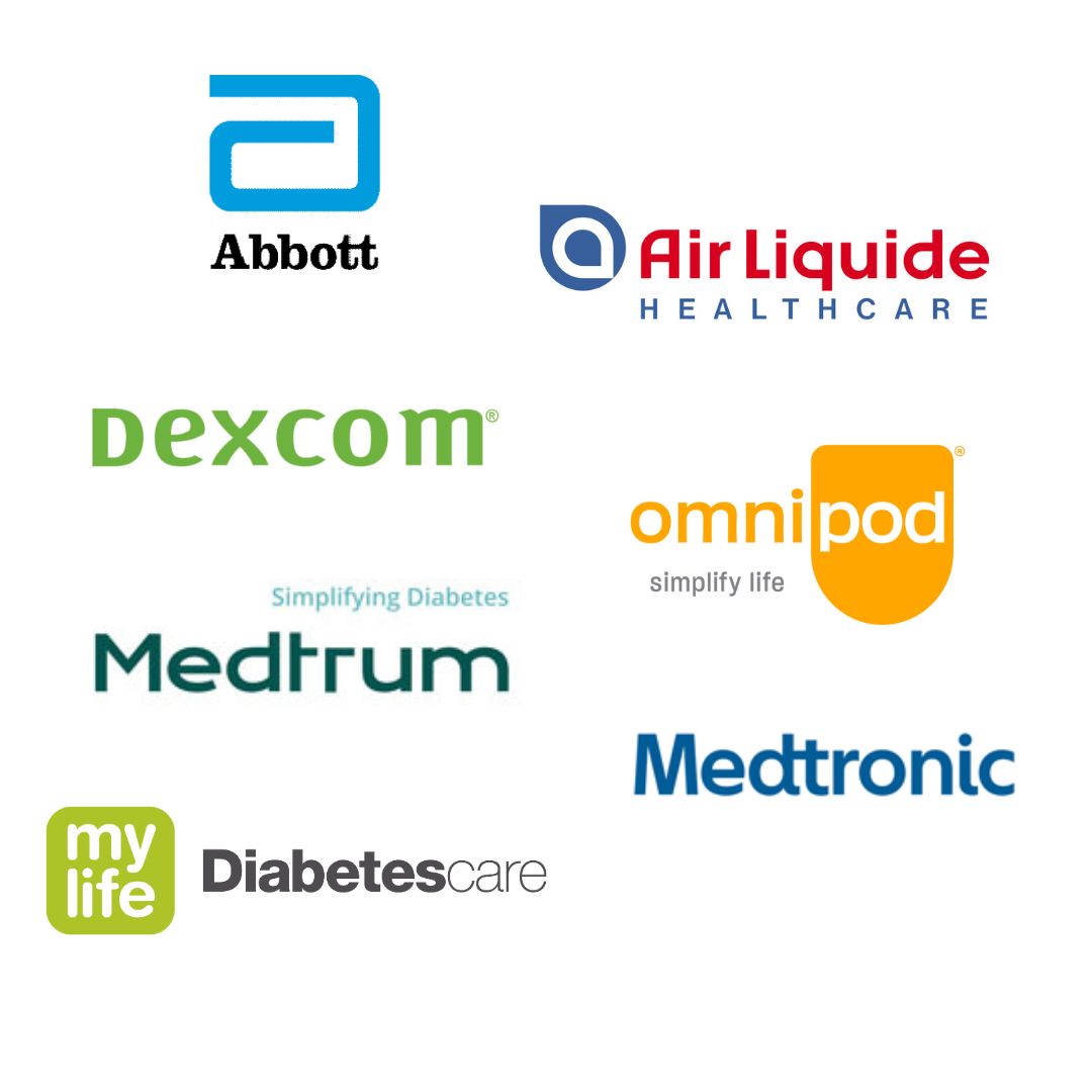 Logos for Abbott, Air Liquide Healthcare, Dexcom, Omnipod, Medtrum, Medtronic, Mylife Diabetes care