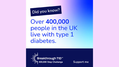 400,000 Step Challenge social media post reading "Did you know over 400,000 people in the UK live with type 1 diabetes"