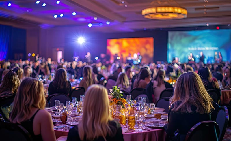 A room full of gala ball attendees sat around tables watching the stage