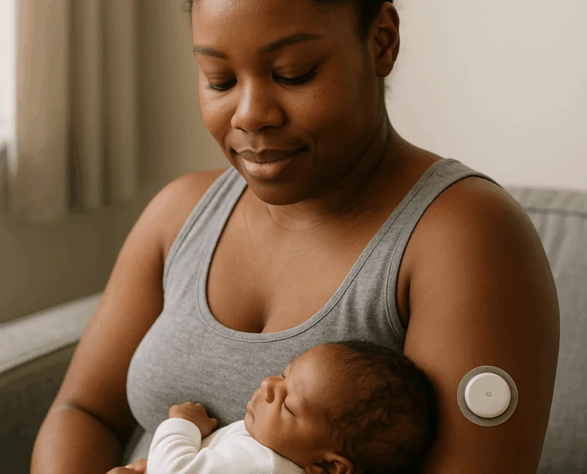 Woman wearing a grey vest, holding young baby in arms and looking down at the child. They are wearing continuous glucose monitor on left arm.