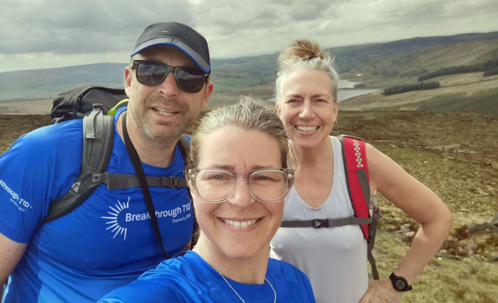 Selfie of three Breakthrough T1D supporters on hillside during Yorkshire Three Peaks walking event