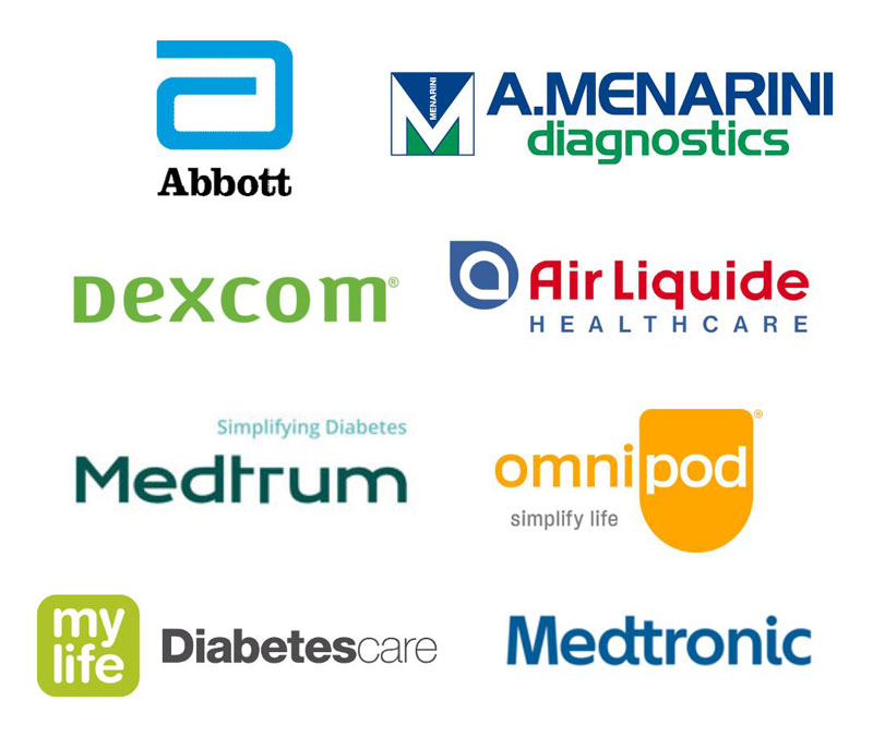 Logos for Abbott, A. Menarini diagnostics, Dexcom, Air Liquide, Medtrum, Omnipod, DMylife Diabetescare, Medtronic