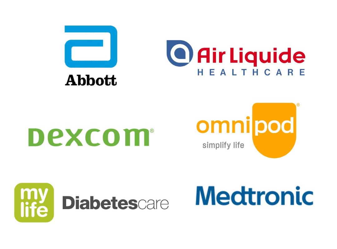 Logos for Abbott, Air Liquide, Dexcom, Omnipod, Medtronic, Mylife Diabetescare