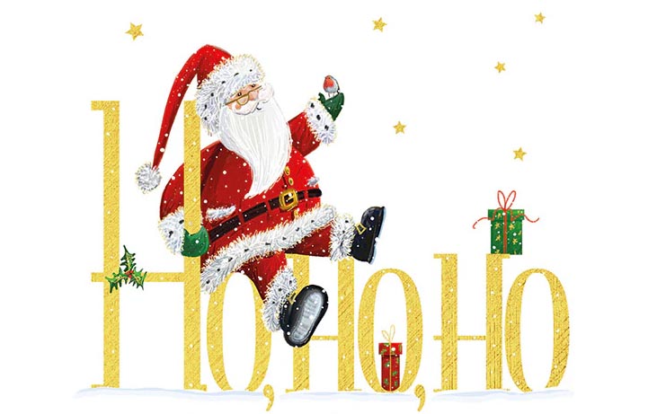 Breakthrough T1D christmas card 2025 of Santa Claus sitting on the words Ho, Ho, Ho
