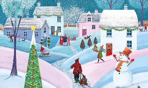 Breakthrough T1D christmas card 2025 of a snowy village decked out with Christmas decorations.