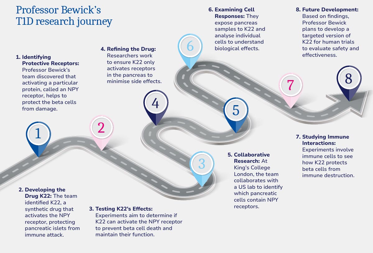 Professor Bewick's T1D research journey showing 8 steps