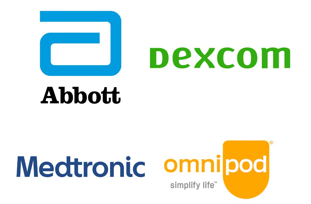 Logos for Abbot, Medtronic, Dexcom, Omnipod