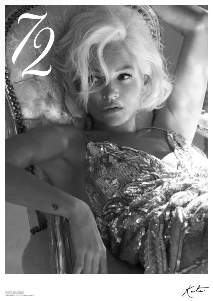 The front cover of 72 magazine featuring a black and white image of Kate Moss relaxing in a sparkly dress