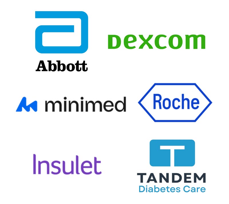 Logos for Abbot, Dexcom, Minimed, Roche, Insulet, Tandem