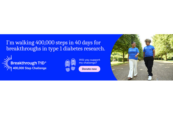 Step Challenge 2025 email signature reading "I'm walking 400,000 steps in 40 days for breakthroughs in type 1 diabetes"