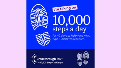 400,000 Step Challenge social media post reading "I'm taking on 10,000 steps a day for 40 days to help fund vital type 1 diabetes research"