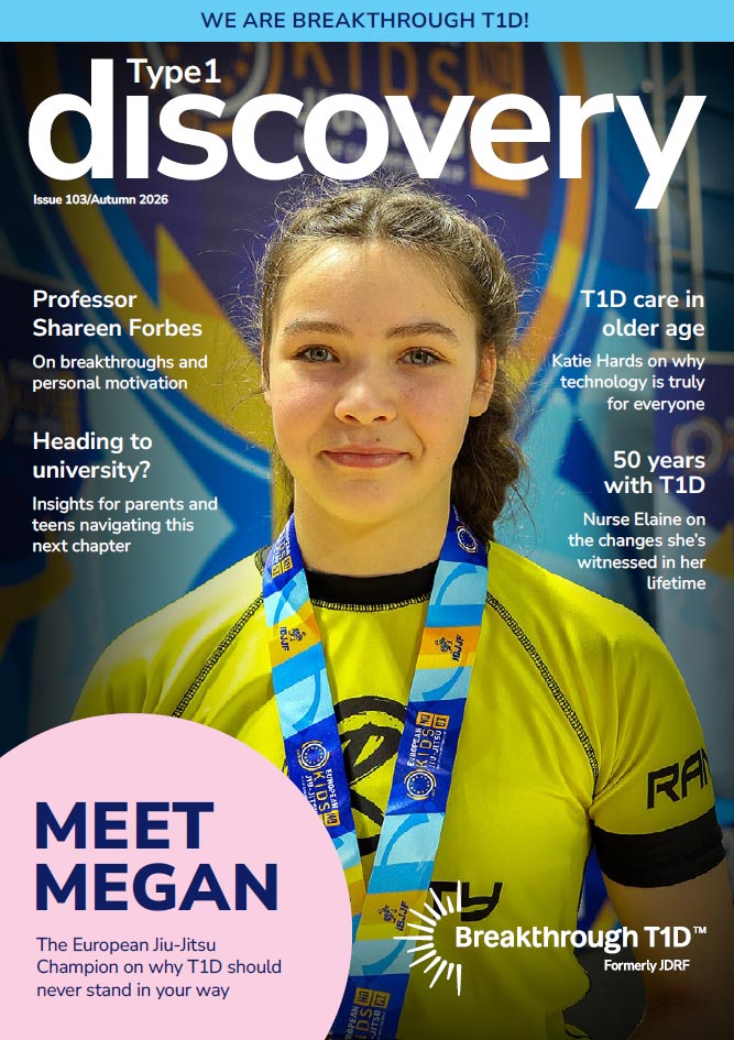 Breakthrough T1D Discovery magazine 103 cover featuring European jiu-jitsu champion Megan on why type 1 diabetes should never stand in your way