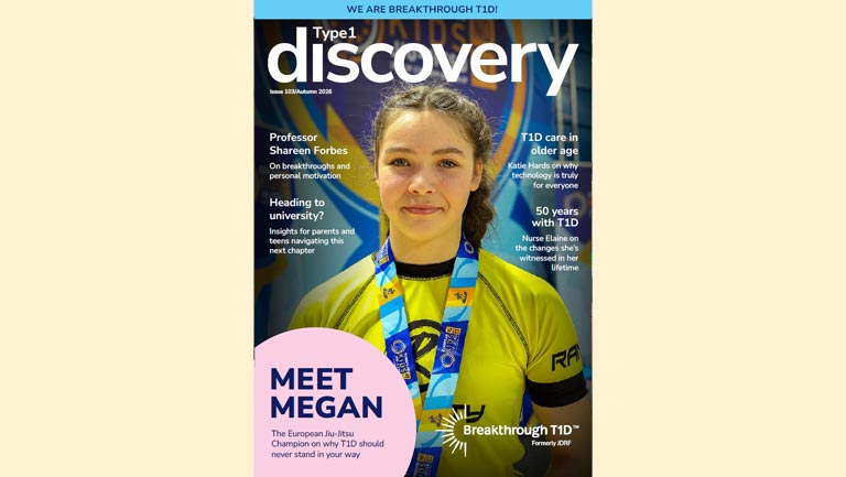 Breakthrough T1D Discovery magazine 103 cover featuring European jiu-jitsu champion Megan on why type 1 diabetes should never stand in your way