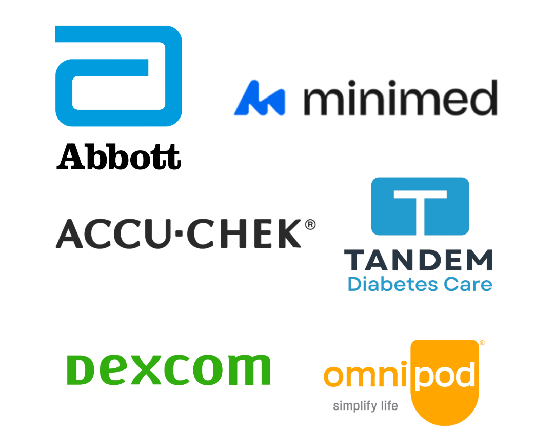 Logos for Abbot, Minimed, Accu-chek, Tandem, Dexcom and Omnipod
