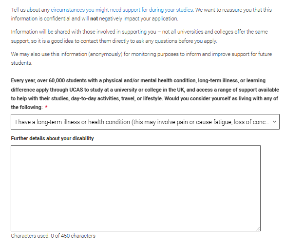 Support needs question on UCAS application form