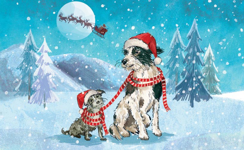 Breakthrough T1D 2026 Christmas card with dogs in the snow wearing scarves.
